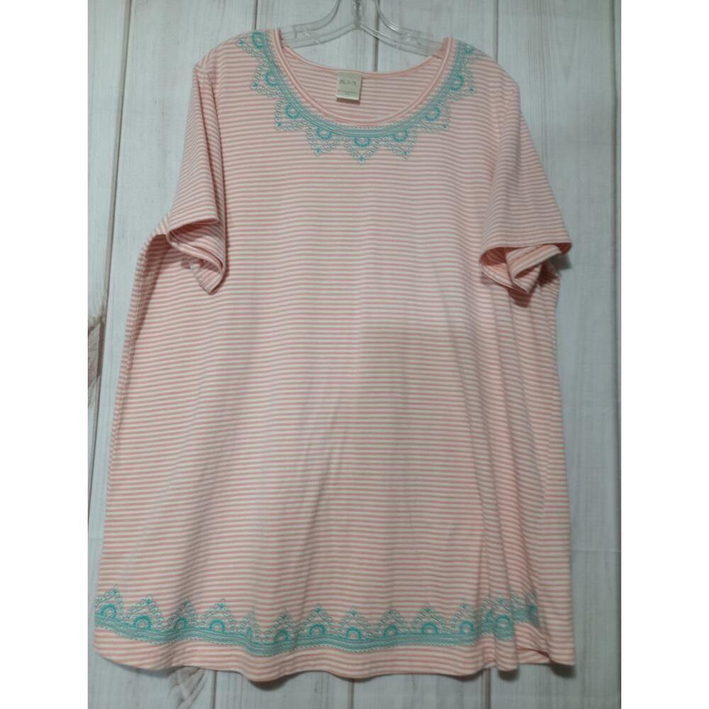 Blair Shirt Ladies 2x Coral White Striped Turquoise Detailing Short‎ Sleeve